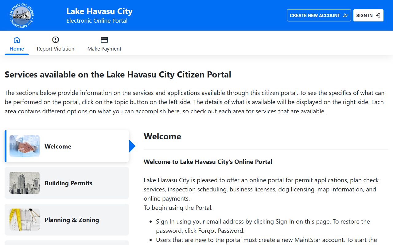 Lake Havasu City permit portal for property and building records