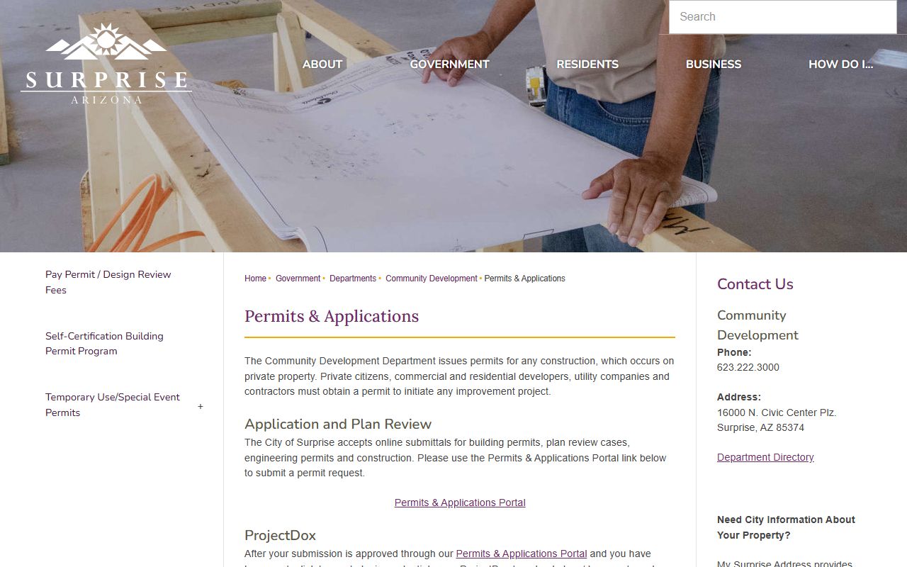 Surprise permits and applications page for property development