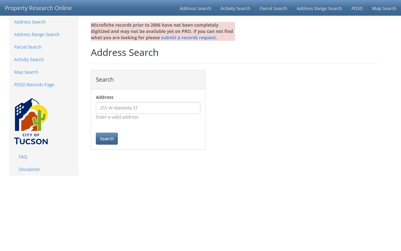 Tucson Property Research Online database