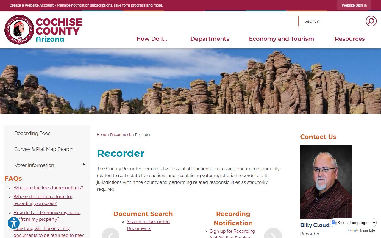 Cochise County Recorder main page for property records