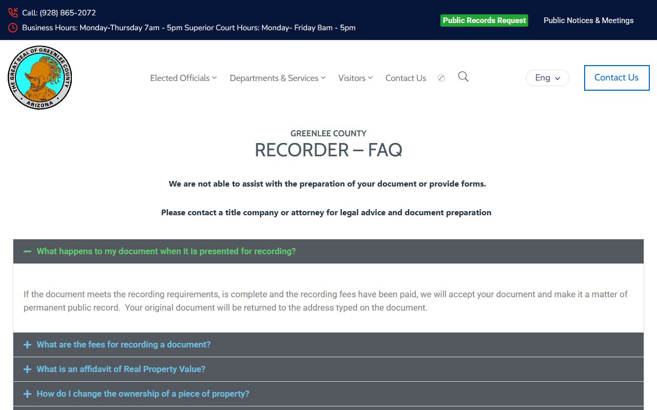 Greenlee County Recorder FAQ page for property records
