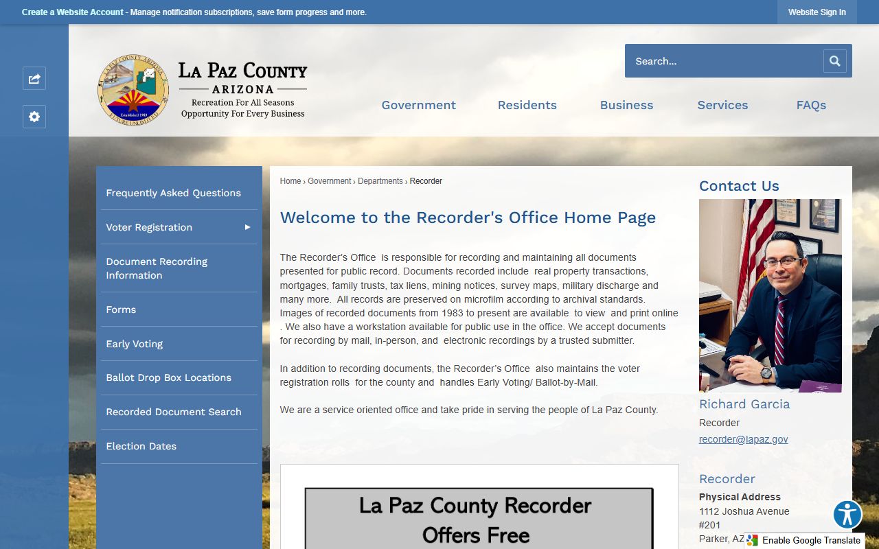 La Paz County Recorder main page for property records