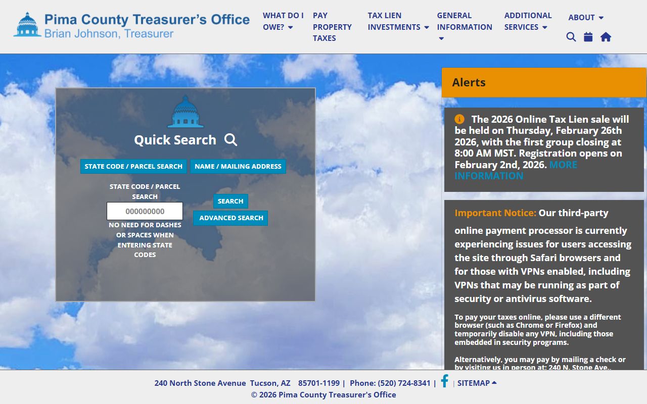 Pima County Treasurer main page for property tax information