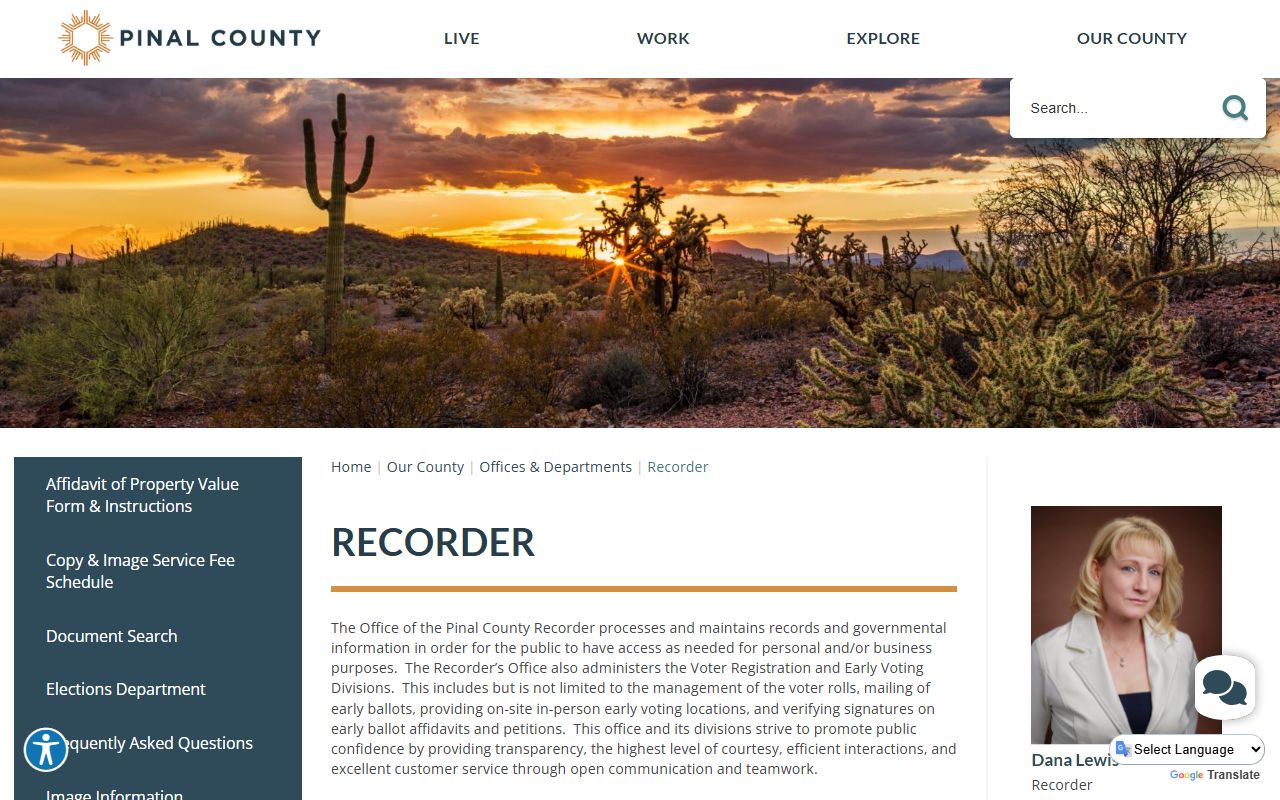 Pinal County Recorder main page for property records
