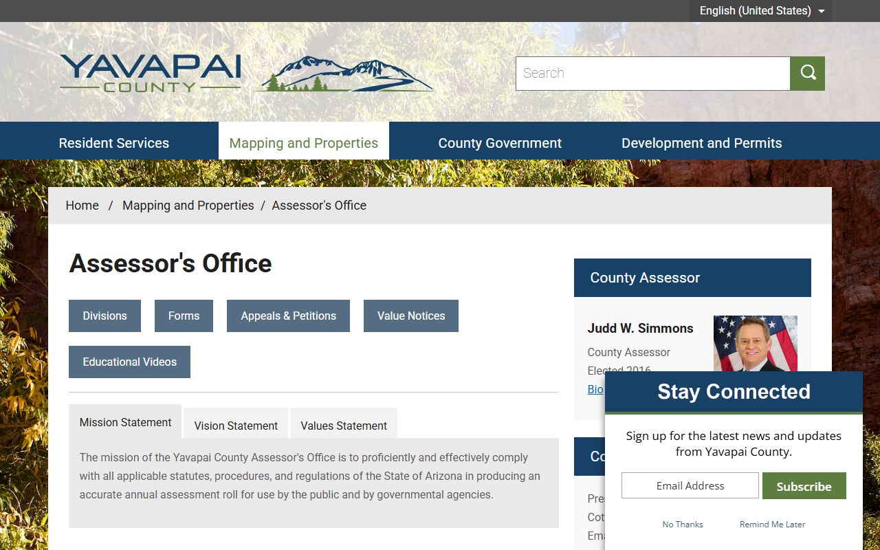 Yavapai County Assessor main page for property records