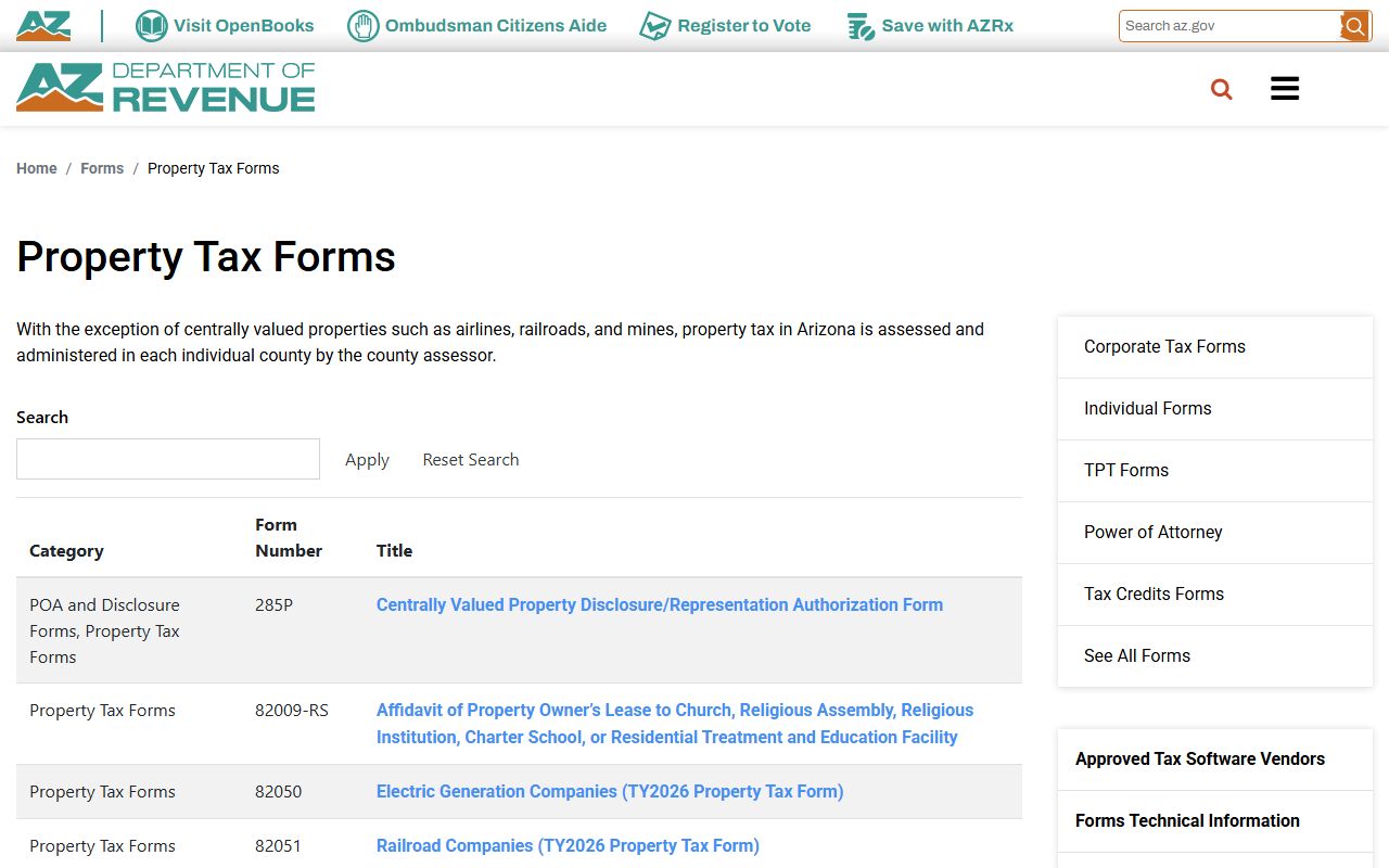 Arizona property tax forms page