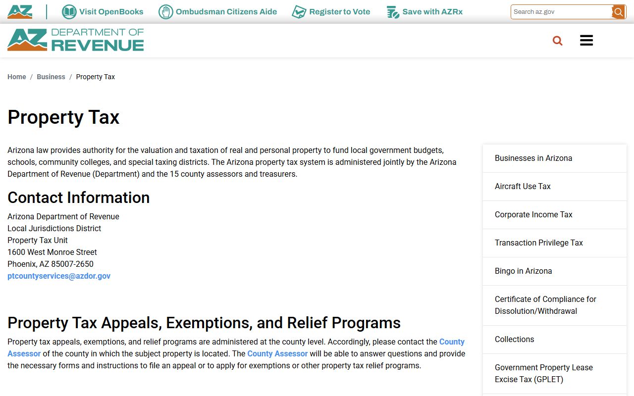 Arizona Department of Revenue property tax portal