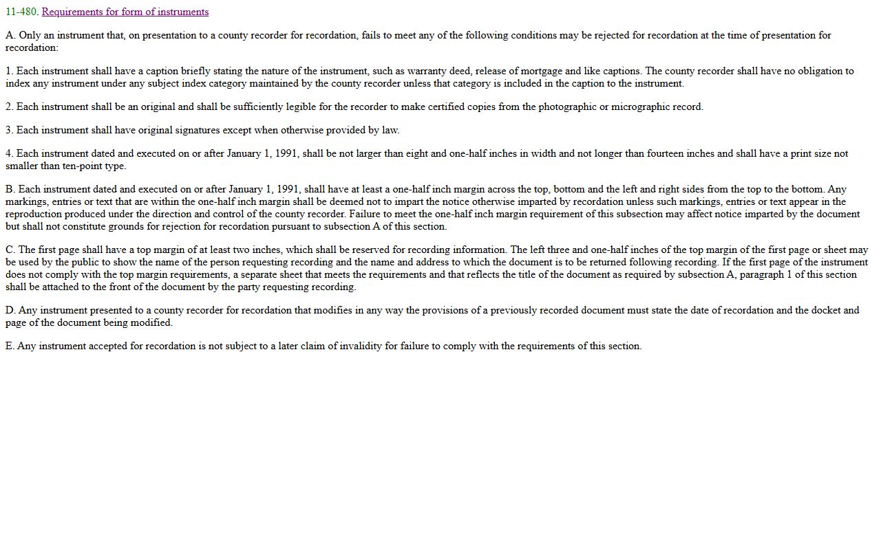 Arizona statute on property document form requirements