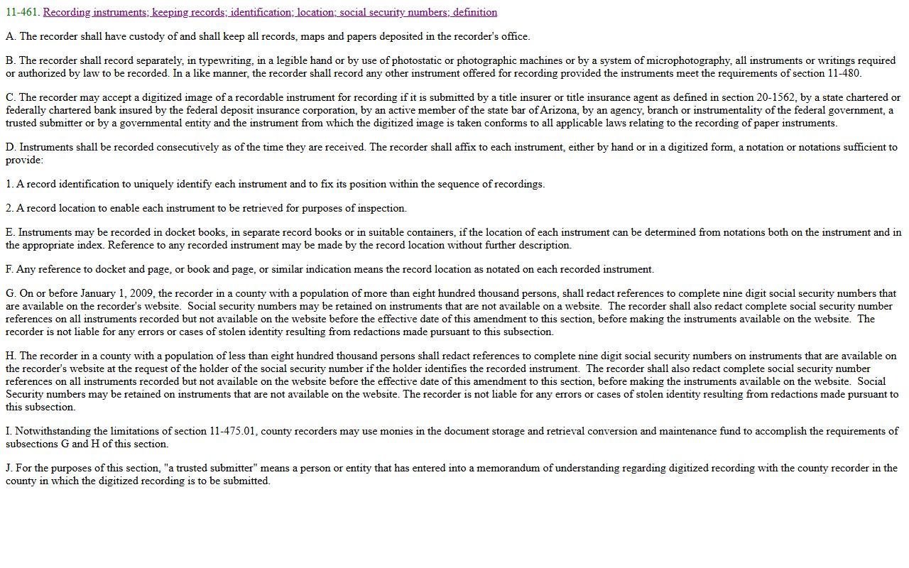 Arizona statute on recording instruments for property records