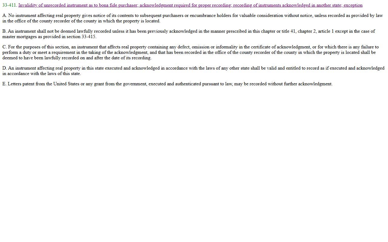 Arizona statute on unrecorded property instruments